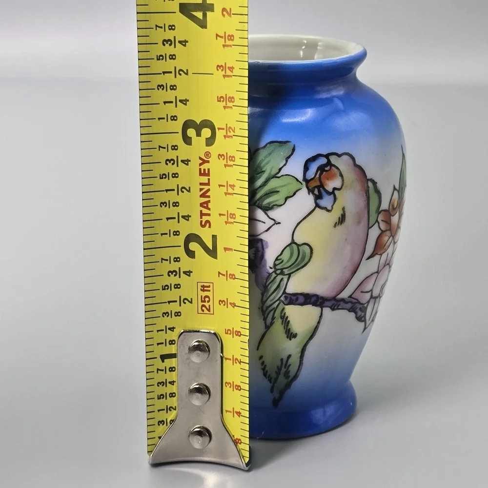 Vintage Occupied Japan‎ Blue Vase Parrot Bird Floral Hand Painted Bud Vase